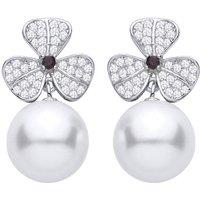 Jewelco London Women's Silver CZ 3 Leaf Clover Freshwater Pearl Drop Earrings