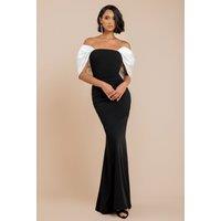Goddiva Women's Contrast Off-Shoulder Back Satin Bow Scuba Maxi Dress in Black | Size: 10