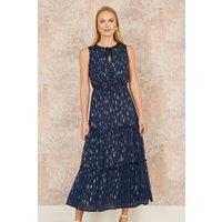 Yumi Women's Navy Foil Print Ruched Waist Midi Dress With Tie Notch Neckline | Size: 12