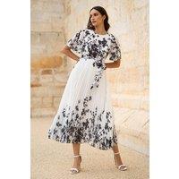 Yumi Women's White Mirror Floral Design Pleated Midi Dress | Size: 16