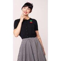 Hell Bunny Women's Claudie Textured Knit Short Sleeve Cardigan Detachable Cherry Brooch in Black | Size: Medium