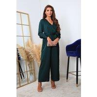 DOUBLE SECOND Women's Lux Satin Wrap Jumpsuit in Bottle Green | Size: 16