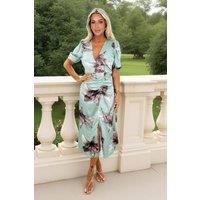 AX Paris Women's Duck Egg Floral Print Wrap Top Ruched Detail Midi Dress in Duck Egg Blue | Size: 10