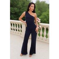 AX Paris Women's Navy One Shoulder Draped Waist Jumpsuit | Size: 14