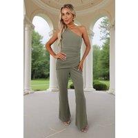 AX Paris Women's Light Khaki One Shoulder Draped Waist Jumpsuit | Size: 16