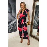 AX Paris Women's Black & Cerise Floral Print Wrap Top Belted Jumpsuit | Size: 12
