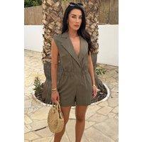 AX Paris Women's Khaki Collared Shirt Playsuit | Size: 12