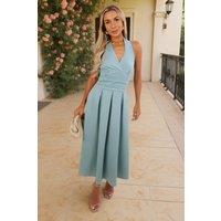 AX Paris Women's Duck Egg Tie Halter Neck Midi Dress in Duck Egg Blue | Size: 14