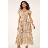 Roman Women's Polka Dot Frill Mesh Maxi Dress in Ivory | Size: 10