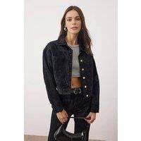 WOVCOR Women's Suede Look Button Front Denim Jacket in Black | Size: Large