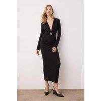 WOVCOR Women's Belted Deep Plunge Knit Evening Midi Dress in Black | Size: Small