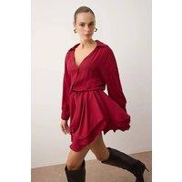 WOVCOR Women's Ruffle Hem Button Front Super Mini Chiffon Dress in Burgundy | Size: Small