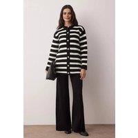 WOVCOR Women's Striped Button Front Knit Top & Wide Leg Trouser Co-Ord Set in Black | Size: Small
