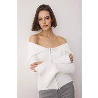 WOVCOR Women's Soft Textured Turn-Down Collar Zip-Front Knit Sleeves Cardigan in White | Size: Medium