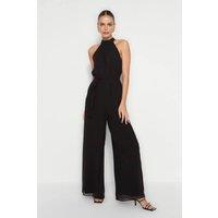 WOVCOR Women's Belted Halterneck Maxi Chiffon Lined Woven Jumpsuit in Black | Size: 8
