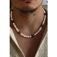 Outrage London Men's Gold Personalised Genuine Freshwater Lapis Lazuli Necklace in White | Size: Adjustable