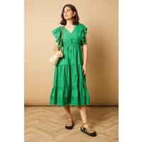 Oasis Women's Petite Broderie V Neck Angel Sleeve Maxi Dress in Green | Size: 16