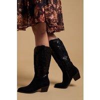 Oasis Women's Jessie Faux Suede & Leather Western Cowboy Calf Boots in Natural Black | Size: 6