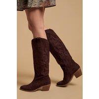 Oasis Women's Jess Faux Suede Embroidered Western Knee Boots in Chocolate | Size: 4