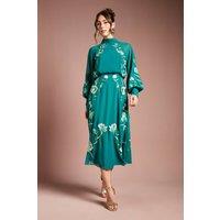Coast Women's High Neck Long Sleeve Floral Embroidered Midi Dress in Teal | Size: 10