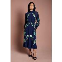 Coast Women's Petite High Neck Long Sleeve Floral Embroidered Midi Dress in Navy | Size: 12
