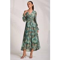 Jolie Moi Women's Long Sleeve V Neck Mesh Maxi Dress in Green | Size: 16