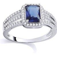 Jewelco London Women's Silver Blue Radiant CZ Claw Split Shoulder Rectangular Halo Ring | Size: O