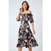 Roman Women's Floral Linen Blend Bardot Midi Dress in Black | Size: 8