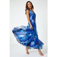 Roman Women's Abstract Print Frill Maxi Dress in Blue | Size: 20