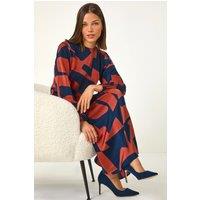 Roman Women's Geometric Colour Block Print Midi Dress in Orange | Size: 16