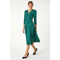 Roman Women's Animal Print Mock Wrap Midi Dress in Green | Size: 16