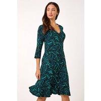 Roman Women's Wave Print Side Button Stretch Dress in Teal | Size: 18