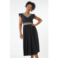 Roman Women's Petite Crochet Trim Midi Dress in Black | Size: 14