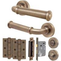 AFIT Antique Brass Door Handle Bathroom Set Handle with WC Lock Hinges in Bronze | Size: 150mm x 150mm