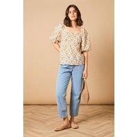 Oasis Women's Printed Puff Sleeve Square Neck Cotton Top | Size: 12