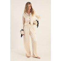 NastyGal Women's Satin Contrast Tie Cuff Pajama Shirt & Pants Set in Champagne | Size: 8