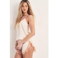 NastyGal Women's Satin Lace Detail Cami & Shorts Pajama Set in Champagne | Size: Large