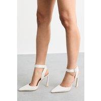 MissPap Women's Satin Embellished Buckle High Flared Stiletto Court Shoes in White | Size: 3