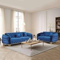 Sliding Wardrobes 4U Glasgow 3+2 Plush Velvet Chesterfield Sofa Set in 3 Colors - Blue 3+2 | Size: 5 Pack