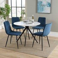 Core Products Aspen White Round Dining Table with 4 Stitch Fabric Chairs - Set in Blue