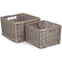 Red Hamper Wicker Set of 2 Square Antique Wash Unlined Storage Basket in Brown