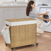 SONGMICS Spacious 3-Compartment Rolling Laundry Hamper Synthetic Rattan Wheels in Natural
