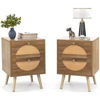 Costway 2Pcs Rattan Nightstand Bohemian Style Side End Table with 2 Drawers in Brown