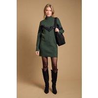 Oasis Women's Contrast Lace Stitch High Neck Knitted Mini Dress in Khaki | Size: Small