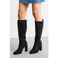 MissPap Women's Almond Toe High Block Heel Knee Boots in Natural Black | Size: 4