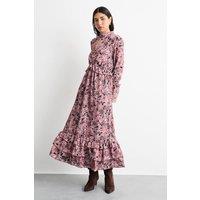 Warehouse Women's Chiffon Shirred Frill Detail High Neck Midi Dress in Chocolate | Size: 12