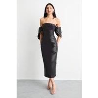 Warehouse Women's Structured Puff Sleeve Bardot Midi Dress in Black | Size: 12