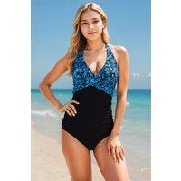 MODISHION Women's Stylish Halter Neck One-Piece Swimsuit in Blue | Size: XL
