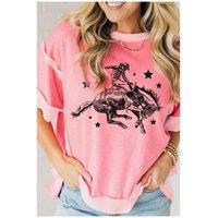 Everyday The Label Women's Peach Blossom Raw Seam Mix Texture Patchwork Rodeo Graphic Tee in Pink | Size: Large