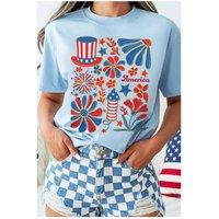 Everyday The Label Women's Light Blue America Floral Firework Print 4th of July T-Shirt | Size: 24